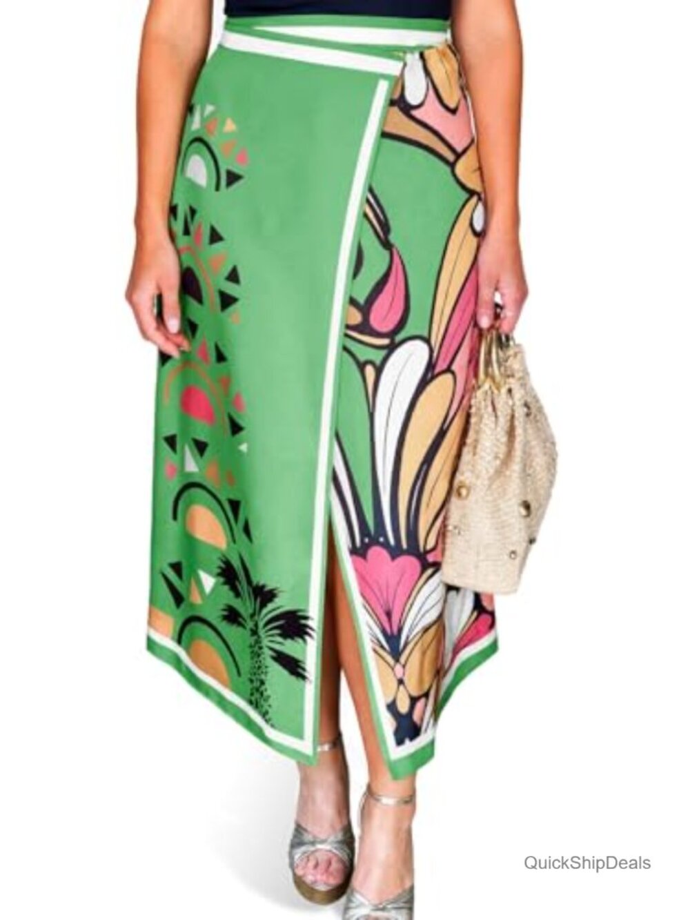 Women Floral Wrap Maxi Skirt Boho Elastic High Waisted Zipper Split A Line Midi